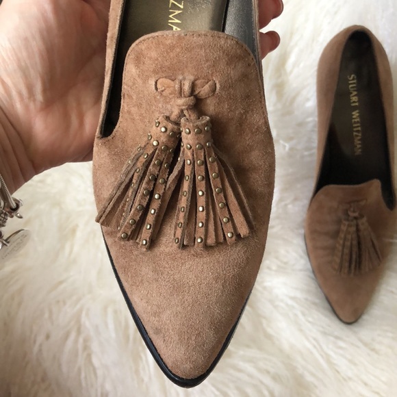 Stuart Weitzman Broom Brown Tassel Suede Block Heel Pumps - Picture 5 of 10